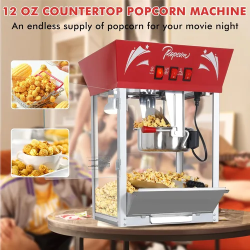 Miniatura 5 de Máquina para hacer palomitas de maíz, caldera de 12 onzas de acero inoxidable, máquina comercial de palomitas de maíz con vidrio templado, Rojo