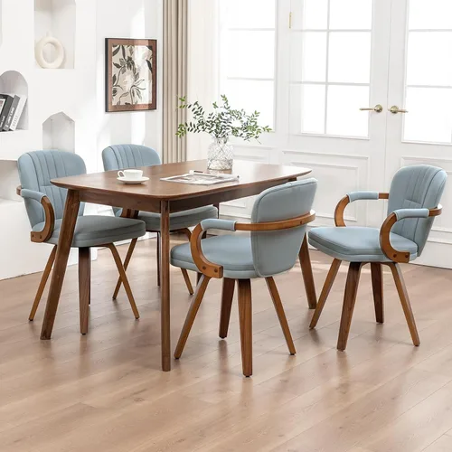 Miniatura 10 de Sillas de comedor giratorias de mediados de siglo, modernas sillas de cocina tapizadas de piel sintética negra con marco de madera curvada, sillas