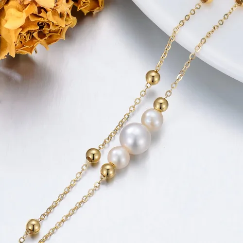 Miniatura 4 de Pulseras de perlas de oro de 14 quilates para mujer, pulsera de doble cadena de oro macizo con perlas cultivadas de agua dulce, joyería