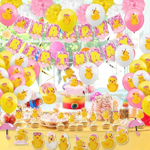 Miniatura 7 de Outus 77 piezas de decoración de fiesta de patito rosa, lindo accesorio de fiesta de cumpleaños de pato, incluye una bonita pancarta colgante