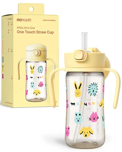 MOYUUM Vaso para sorber a prueba de fugas con asa, fabricado en Corea, 100% PPSU libre de BPA, taza mágica con pajita sin derrames, con tapa