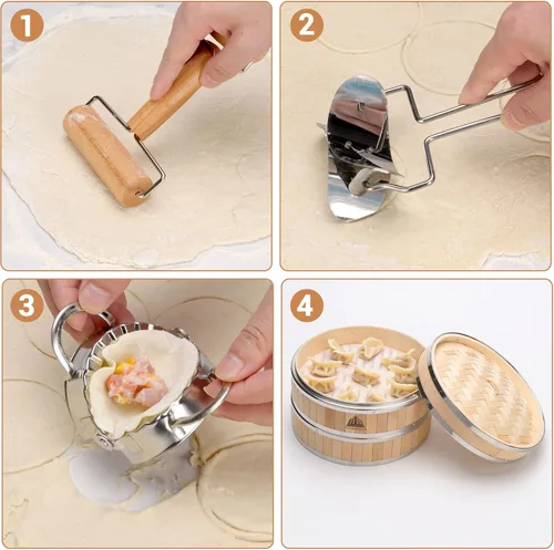 Miniatura 3 de Cesta para cocinar al vapor de bambú de 2 niveles Cesta para cocinar al vapor de bambú con forro reutilizable de silicona Kit de dim sum