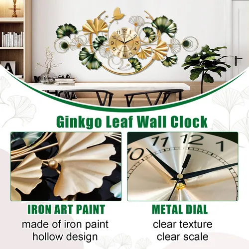 Miniatura 5 de Reloj de pared grande, reloj de pared decorativo de hoja de ginkgo único, decoración de pared de flor de metal dorado de lujo, reloj silencioso