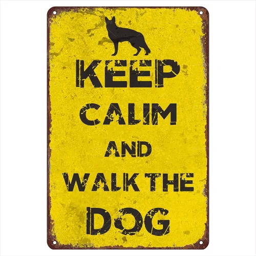 Letreros de metal retro de 12 x 8 pulgadas, letrero de lata vintage con texto en inglés "Keep Calm And Walk The Dog", divertido arte de pared para