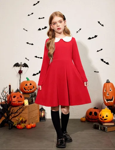 Miniatura 5 de Arshiner Vestido de manga larga para niñas, casual, vintage, con cuello de Peter Pan, vestido de fiesta con vuelo, de 3 a 14 años