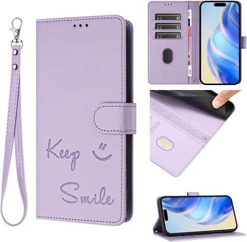 Miniatura 10 de Flip Wallet Case for Motorola Moto E32 4G (Int'l), Keep Smile Embossed Leather Cover with Card Slots, RFID Blocking, Kickstand, Wrist Strap Black.