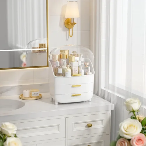Miniatura 6 de Vtopmart - Organizador de maquillaje y cuidado de la piel de 3 niveles con cajones y tapa para tocador y encimera de baño, caja grande de Blanco