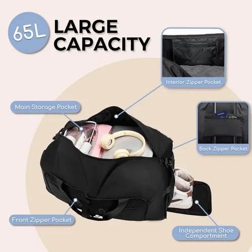 Miniatura 4 de Fmeida Bolsa de lona 65L, 65L-Negro, Bolsa de lona con compartimento para zapatos