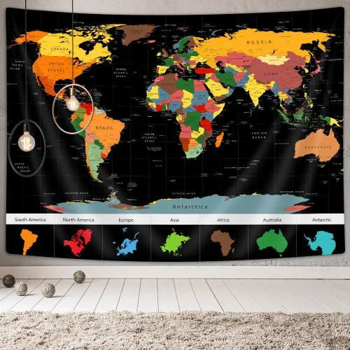 Miniatura 2 de Xguatan Tapiz de mapa del mundo para niños y estudiantes, mapa del mundo vintage, países educativos, ciudades, tapiz colgante de pared para aula