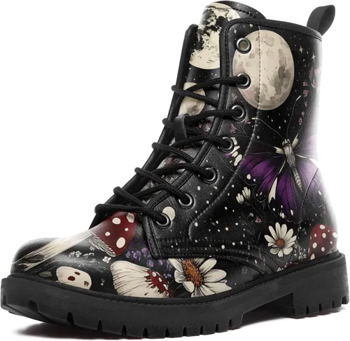 Miniatura 13 de Botas de Combate Florales de Setas para Mujer - Botas Góticas de Bosque Witchcore Tacón Grueso Cuero Vegano Moda con Cordones Botines Negros