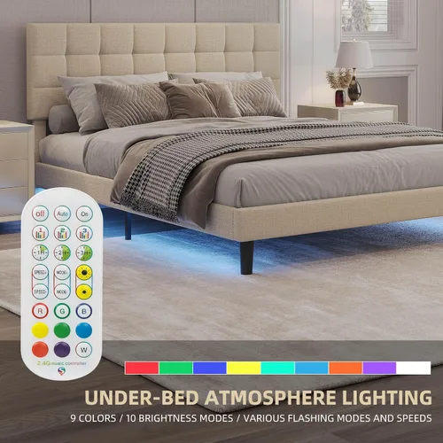 Miniatura 5 de Base de cama moderna de plataforma tapizada de tamaño Queen, marco de cama de lino con luces, cabecera ajustable con costuras cuadradas, sistema