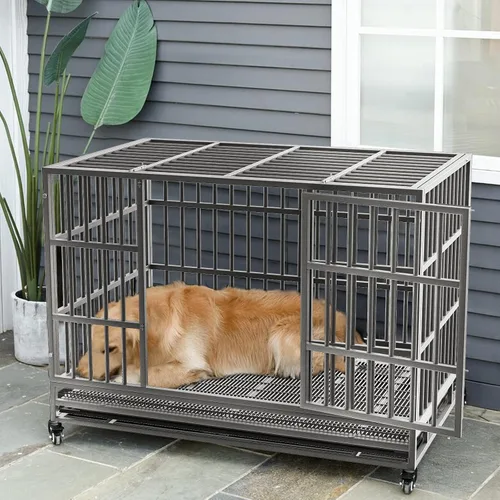 Miniatura 8 de LEMBERI - Jaula para perro indestructible y resistente de 48/38 pulgadas, a prueba de escapes con ruedas bloqueables, doble puerta para evitar