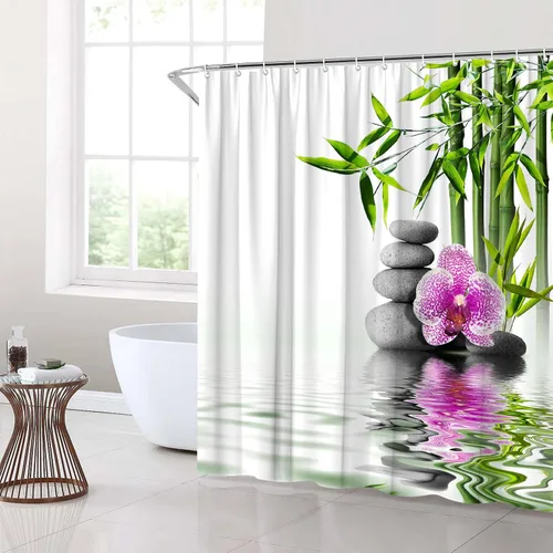 Miniatura 4 de Cortinas de ducha Zen de bambú verde flor púrpura reflejo de piedra agua paisaje spa jardín patrón impresión baño accesorios cortina juego