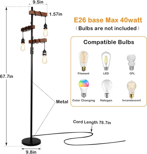 Miniatura 5 de Lámpara de pie industrial, estilo árbol de granja de 68 pulgadas, 3 luces, lámpara de pie de madera, poste alto de metal vintage negro resistente