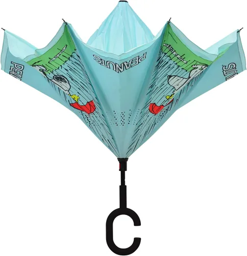 Miniatura 2 de Peanuts Snoopy Woodstock Blue Revers-A-Brella - Paraguas invertido con mango en C sin goteo, Cacahuetes azules, Compacto