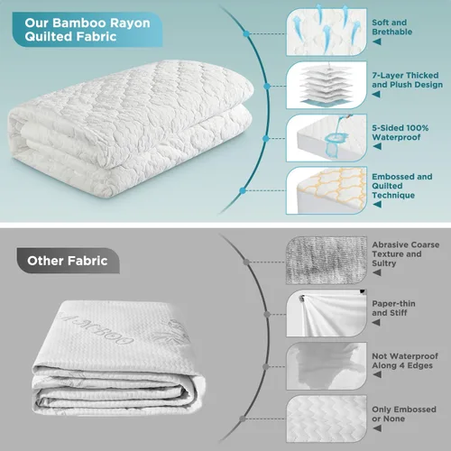 Miniatura 7 de Protector de colchón impermeable de 5 lados, tamaño individual XL, acolchado de rayón de bambú, sábanas bajeras transpirables y refrescantes sin