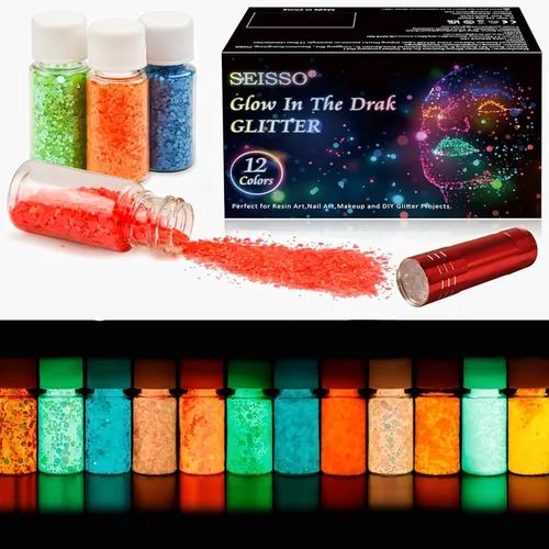 SEISSO Polvo que brilla en la oscuridad, 12 colores, tinte de resina epoxi, pigmento luminoso con purpurina en polvo, seguro de larga duración para
