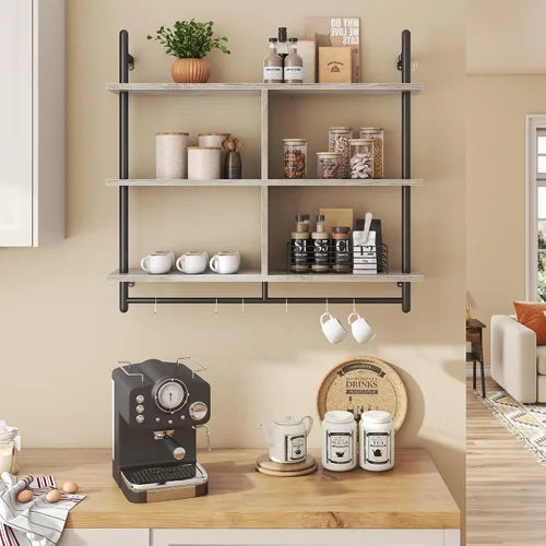 Miniatura 5 de Bestier Estantes Flotantes de Cocina de 41" Montados en Pared de 3 Niveles Barra de Café Estante para Tazas Colgante con 8 Ganchos Exhibidor
