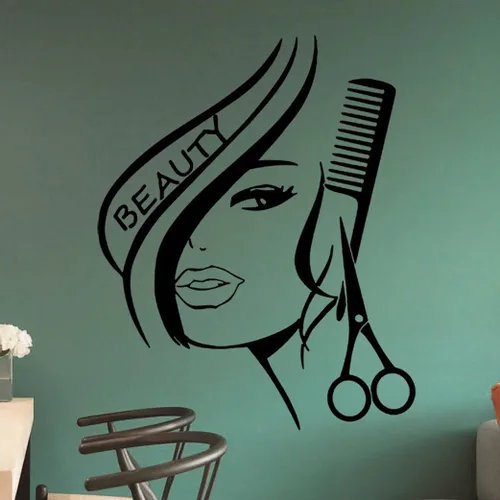 Miniatura 6 de Aniversario Día de la Madre Moderna Moda Belleza Chica Corte Cabello con Tijeras Peine Peluquería Peluquería Vinilo Vinilo Arte Mural