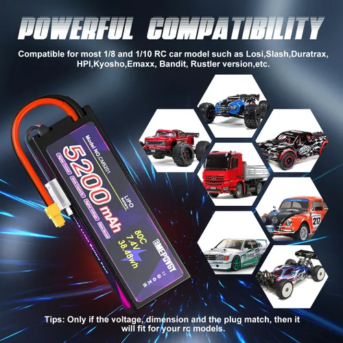 Miniatura 6 de Batería Lipo de 7.4V 2S 5200mAh 80C Lipos Estuche rígido con conector XT60 para coches RC camiones 1/8 1/10 vehículos RC (2 paquetes)