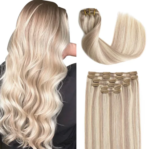 Miniatura 8 de Sindra Extensiones de cabello humano con clip, balayage 3/8/22 de color marrón oscuro a marrón ceniza y rubio dorado, extensiones de cabello humano