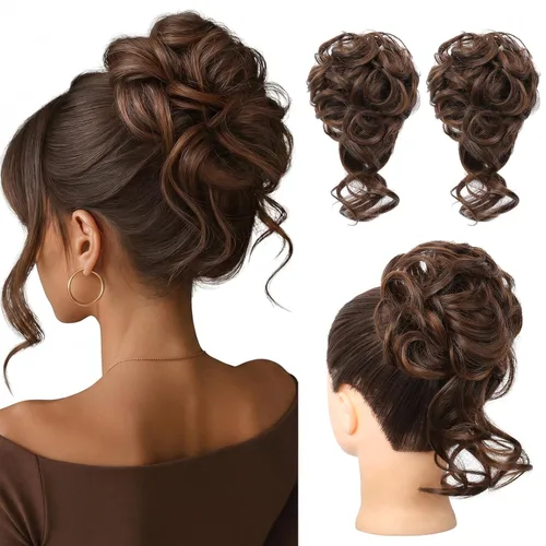 Miniatura 34 de HOOJIH 2 piezas de moño despeinado, recogido despeinado con mechones, extensiones de moño de cabello ondulado rizado, envoltorio de cabello, cola