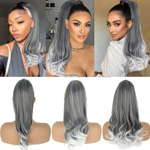 Miniatura 2 de Oseti Extensiones de cabello de cola de caballo gris con cordón para mujeres negras, 18 pulgadas, extensiones de cabello sintético rizado con clip