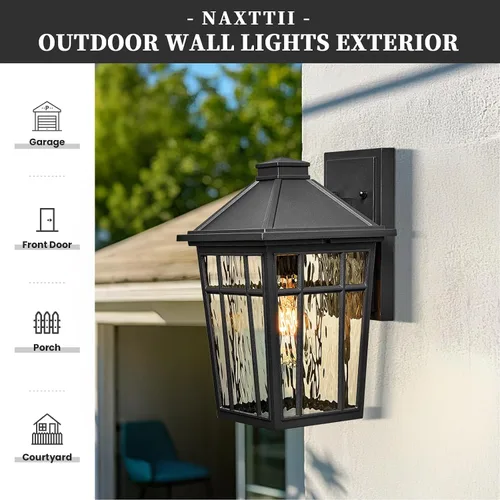 Miniatura 3 de Lámparas de pared al aire libre de 11 pulgadas, lámparas exteriores para casa, aplique de pared exterior de aluminio negro con vidrio ondulado