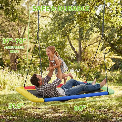 Miniatura 6 de Columpio de árbol de plataforma rectangular de 60 pulgadas para niños y adultos, columpio volador gigante con correa ajustable para colgar, tela