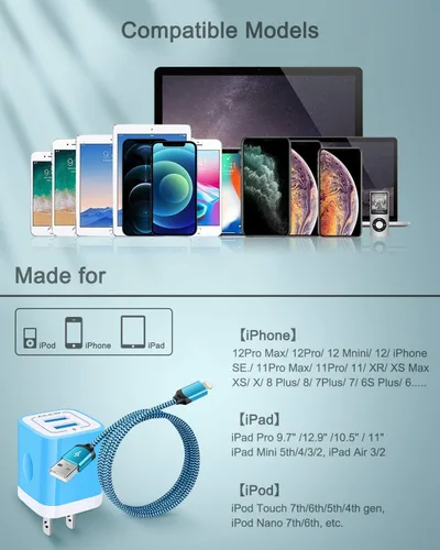 Miniatura 7 de AILKIN Cargadores de iPhone, [certificado Apple MFI] Cable Lightning trenzado de 6 pies de largo + cargador de pared USB, cable de alimentación