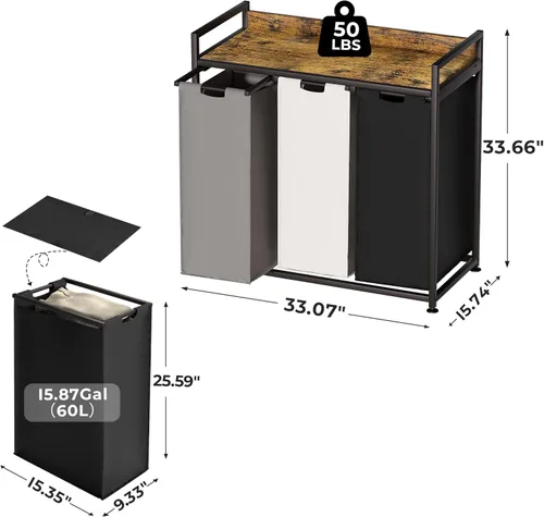 Miniatura 4 de Herture Cestos para la ropa sucia con estante, cesta de lavandería de 3 secciones, clasificador de ropa con extraíble grande, bolsas de 3