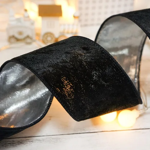Miniatura 5 de Cinta de terciopelo negro con alambre y respaldo metálico plateado de 2.5 pulgadas x 10 yardas para adorno de la punta del árbol de Navidad