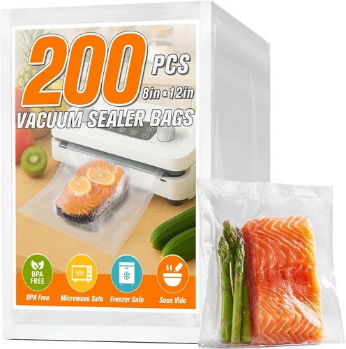 FUNFERY Bolsas selladoras al vacío precortadas para alimentos, 200 cuartos de galón de 8 x 12 pulgadas, almacenamiento de alimentos a largo plazo y