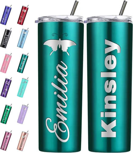 Miniatura 13 de Vaso personalizado personalizado con nombre grabado y logotipo, vasos delgados personalizados con tapa y pajita, vaso aislado de acero inoxidable