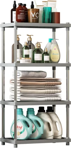 Estantes de plástico y metal gris de 4 niveles, estantes de almacenamiento duraderos, estantes abiertos para despensa, cocina, baño, tubos de acero