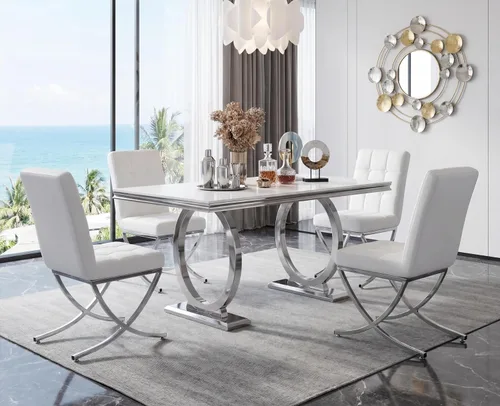 Miniatura 11 de EALSON Juego de 2 sillas de comedor modernas, tapizado de cuero negro con lengüetas de metal cromado y respaldos altos copetudos, sin brazos