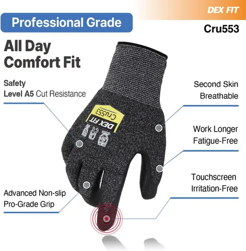 Miniatura 4 de DEX FIT Guantes resistentes a cortes nivel 5 Cru553, ajuste elástico cómodo 3D, agarre de potencia, grado profesional, delgados, compatibles