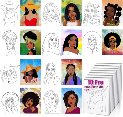 Pre dibujado para pintar para adultos, paquete de 10 unidades de 8 x 10 pulgadas sin marco, sorbo y lienzo de pintura, lienzo dibujado para pintar