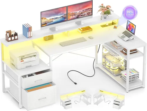 Miniatura 10 de Aheaplus Escritorio en forma de L con cajón de archivos, escritorio reversible en forma de L para computadora y juegos con toma de corriente