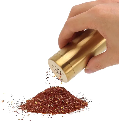 Salero de acero inoxidable, dorado, paquete de 2 con malla fina para salero y azúcar, contenedor de condimentos de cocina