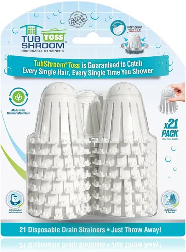 TubShroom Toss 21 unidades Coladores de Drenaje Desechables para Tina - Atrapa Cabellos para Ducha y Bañera para Prevenir Desagües Obstruidos, Blanco