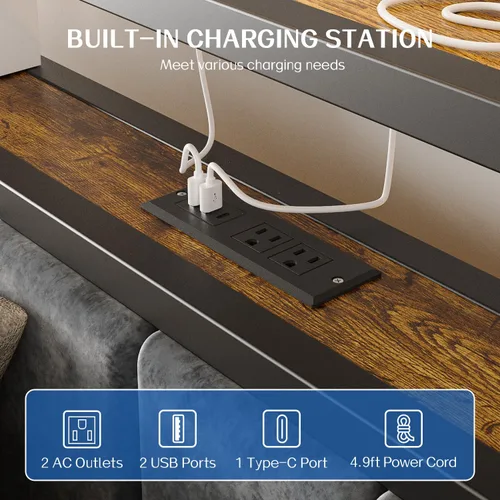 Miniatura 4 de Liians Base de cama de plataforma de tamaño individual con luces LED, cabecera tapizada gris con estantes de almacenamiento de 2 niveles, estación