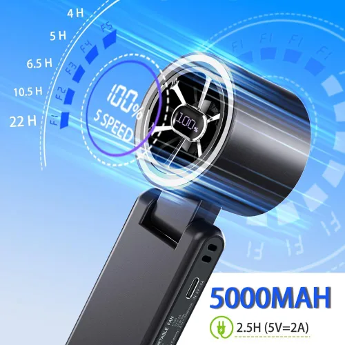 Miniatura 5 de CAZOKASI Ventilador de mano recargable de viento fuerte con iluminación ambiental 4 IN1 5000mAh hasta 22H para cuello de clip de cintura