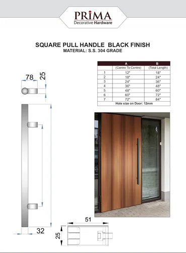 Miniatura 4 de Prima Decorative - Tirador de puerta cuadrado de acero inoxidable de 72 pulgadas (72 pulgadas), manija de barra de montaje lateral trasero a Negro