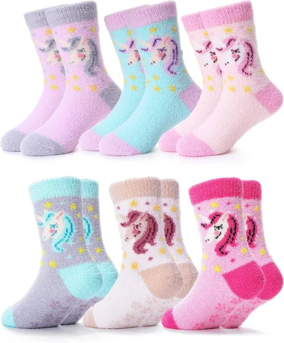 ANTSANG Calcetines mullidos con agarres antideslizantes para niños y niñas, calcetines mullidos y acogedores de felpa cálidos, paquete de 6