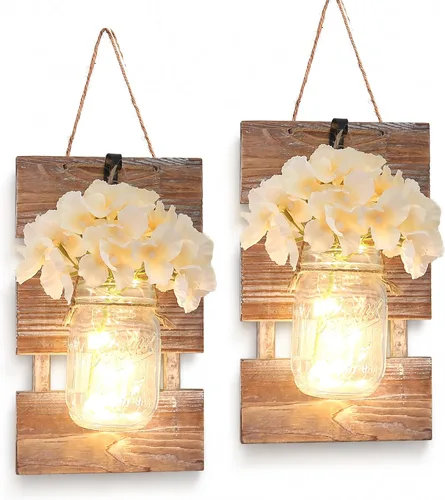 Miniatura 12 de Decoración rústica de madera para colgar en la pared con tira de luces LED para sala de estar y dormitorio modernos, estilo campestre inspirador