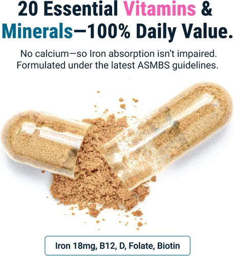 Miniatura 4 de BariatricPal Multivitamínico UNO 1 por día! Cápsula multivitamínica bariátrica con 18 mg de hierro Cápsula fácil de tragar Vitamina