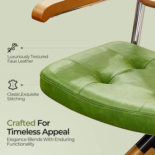 Miniatura 4 de Zouron Silla de escritorio moderna de mediados de siglo, silla de oficina de piel sintética sin ruedas, sillón giratorio con respaldo de ratán