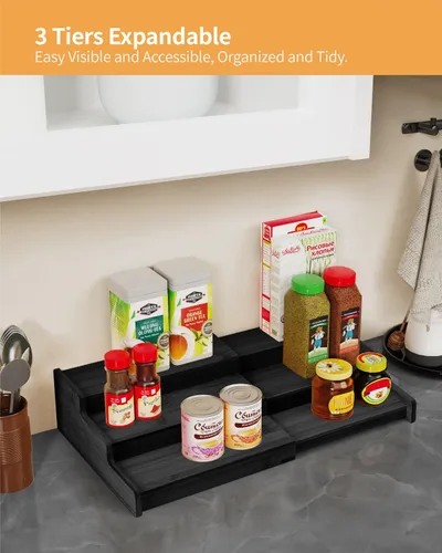 Miniatura 3 de VenDotbi Estante para especias, organizador de especias de bambú expandible de 3 niveles para gabinetes, cocina, despensa y armario, color negro