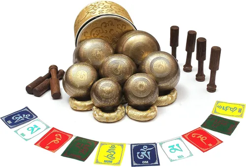 Miniatura 4 de ESK-06 - Juego de 7 cuencos tibetanos de 3 a 5.2 pulgadas, cuenco cantor del Himalaya, hecho a mano, con cojines de seda, 7 palos, bandera y caja